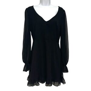 Lulu's Chiffon Elegant Black Sheer Sleeve Dress Open Back Size Large LBD Hoco